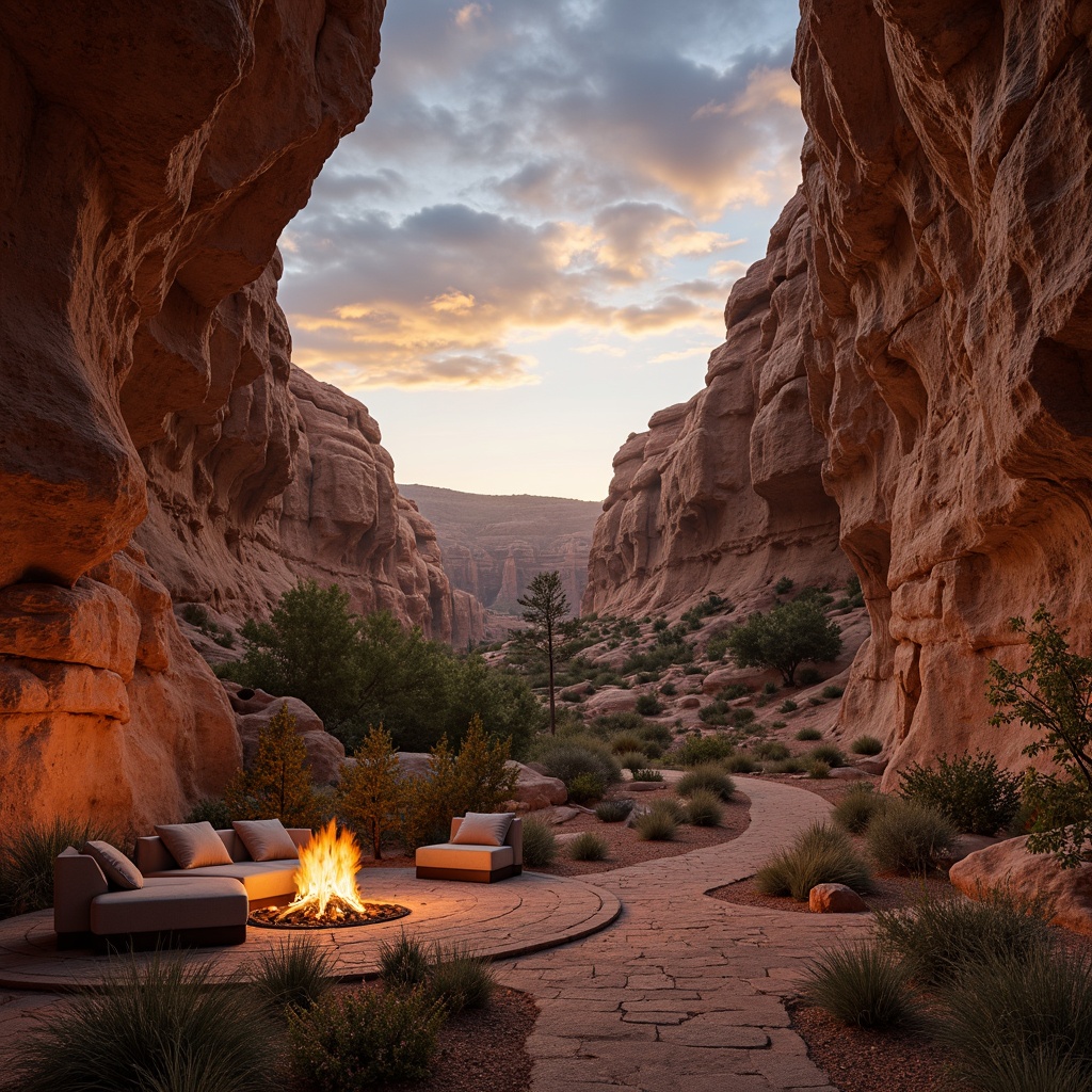 Prompt: Eroded canyon walls, weathered rock formations, rust-colored sedimentary layers, sparse desert vegetation, winding trails, dramatic sunsets, warm golden lighting, shallow depth of field, 3/4 composition, panoramic view, realistic textures, ambient occlusion, rugged terrain, earthy tones, natural materials, reclaimed wood accents, exposed stone walls, minimal modern furnishings, cozy fire pit, starry night sky.