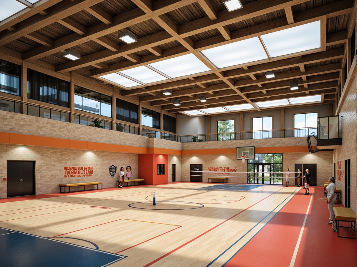 Prompt: Vibrant gymnasium interior, high ceilings, exposed ductwork, polished wooden floors, sports equipment, basketball hoops, volleyball nets, athletic tracks, natural stone walls, clerestory windows, skylights, diffused soft lighting, indirect sunlight, warm color tones, motivational quotes, modern minimalist design, steel beams, glass railings, open spaces, panoramic views, realistic textures, ambient occlusion.