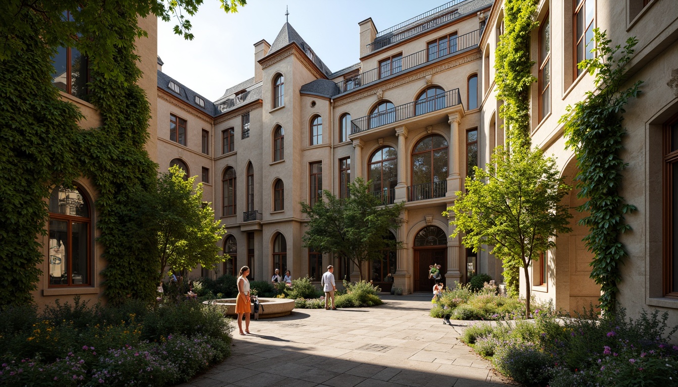 Prompt: Gothic university buildings, ivy-covered stone walls, stained glass windows, grand entrance halls, ornate wooden doors, intricate carvings, historic clock towers, lush greenery, vibrant flowers, winding stone pathways, shaded courtyards, natural light, soft warm ambiance, shallow depth of field, 3/4 composition, panoramic view, realistic textures, ambient occlusion.