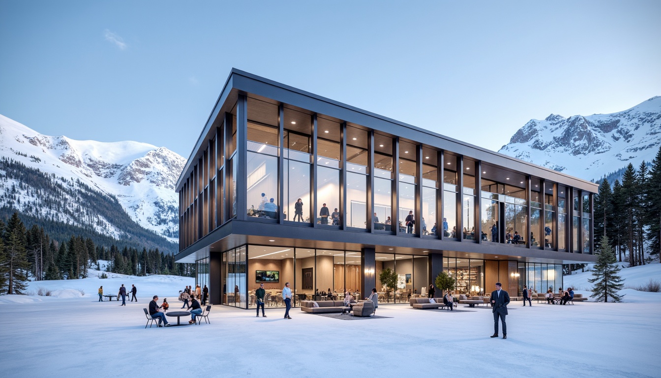 Prompt: Snow-capped mountains, icy slopes, modern ski center, transparent glass fa\u00e7ade, minimalist design, sleek metal beams, wooden accents, warm cozy interiors, comfortable seating areas, floor-to-ceiling windows, panoramic views, snowflake-inspired patterns, frosty mornings, soft natural lighting, ambient occlusion, realistic textures, 3/4 composition, shallow depth of field.