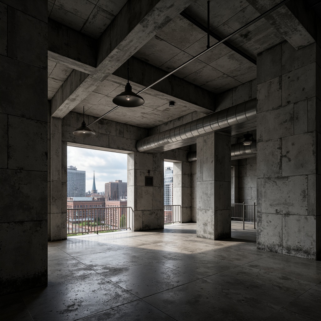 Prompt: Harsh concrete buildings, rugged textures, dramatic shadows, intense natural light, diffused ambient illumination, industrial-style metal lamps, exposed ductwork, raw concrete ceilings, minimalist decor, functional simplicity, urban cityscape, overcast sky, strong contrast lighting, high-contrast ratio, bold geometric forms, monumental scale, austere atmosphere, cold tone colors, brutalist philosophy.