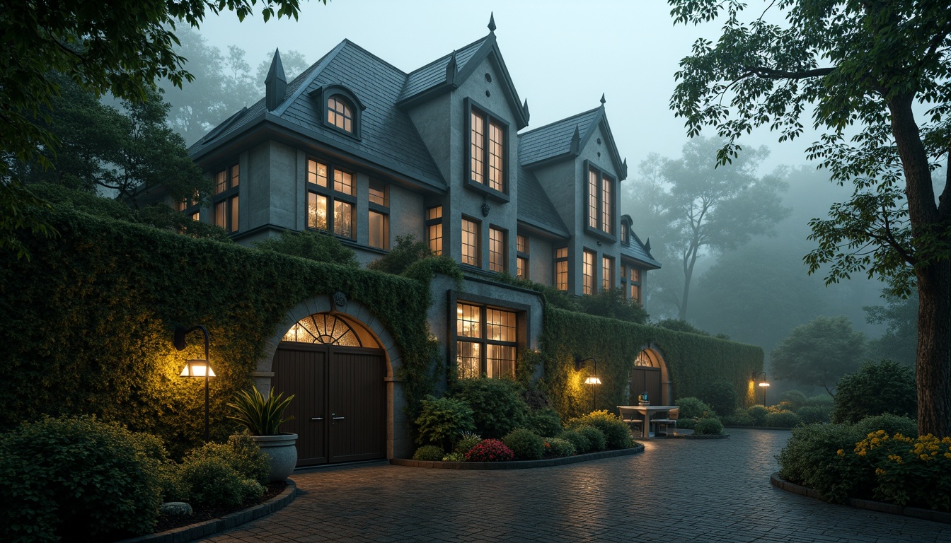 Prompt: Mysterious Gothic-style office building, overgrown with ivy, moss-covered stone walls, grandeur entrance gates, ornate ironwork details, mystical foggy atmosphere, dimly lit lanterns, meandering cobblestone pathways, lush greenery, vibrant flowering shrubs, ancient trees with twisted branches, eerie misty morning, soft warm lighting, shallow depth of field, 1/1 composition, realistic textures, ambient occlusion.