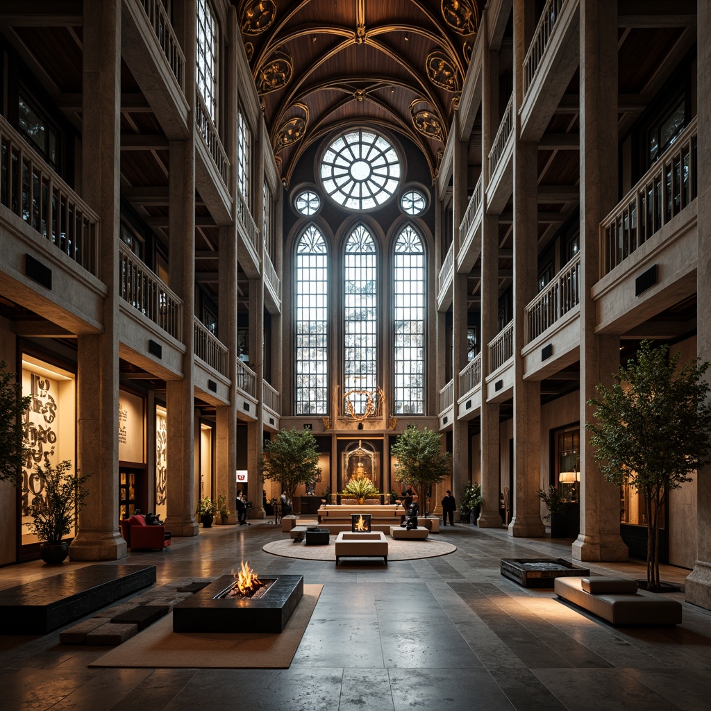 Prompt: Richly ornamented Gothic cathedral, intricate stone carvings, stained glass windows, grandiose entrance, lavish furnishings, warm golden lighting, soft focus, atmospheric mist, juxtaposed with modern minimalist interior, sleek metal accents, polished concrete floors, monochromatic color scheme, bold typography, geometric patterns, contrasting textures, luxurious fabrics, metallic sheen, 1/1 composition, shallow depth of field, cinematic lighting.