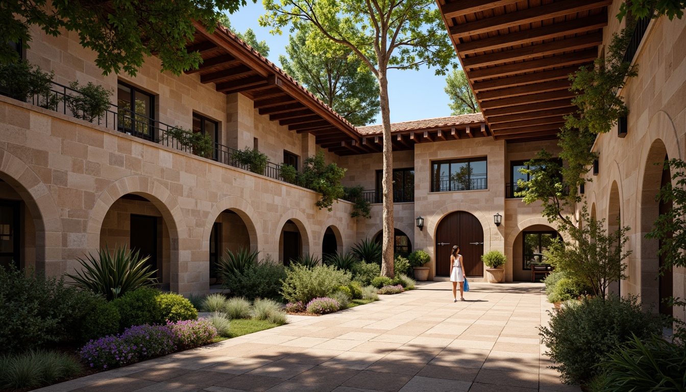 Prompt: Rustic hospital building, Romanesque arches, stone walls, terracotta roofing, greenery overhangs, wooden trusses, exposed beams, vaulted ceilings, grand entrance halls, ornate facades, intricate stonework, warm earthy tones, natural lighting, dramatic shadows, 1/2 composition, symmetrical framing, atmospheric perspective, realistic textures, subtle ambient occlusion.