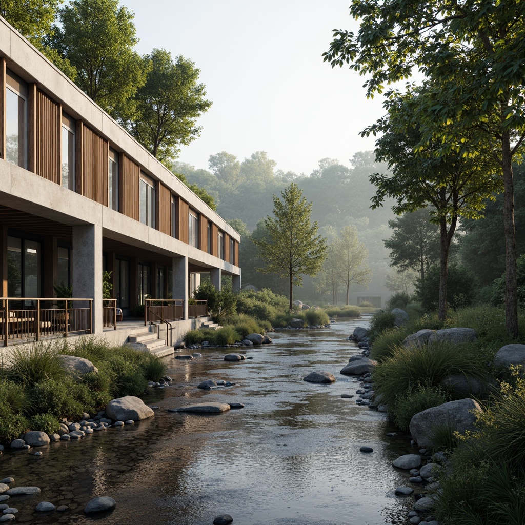 Prompt: Riverbank landscape, serene natural ambiance, minimalist architecture, raw concrete walls, weathered wood accents, industrial metal beams, glass facades, reclaimed wooden planks, stone pebbles flooring, green roofs, living walls, native plant species, soft morning light, misty atmosphere, shallow depth of field, 1/1 composition, realistic textures, ambient occlusion.