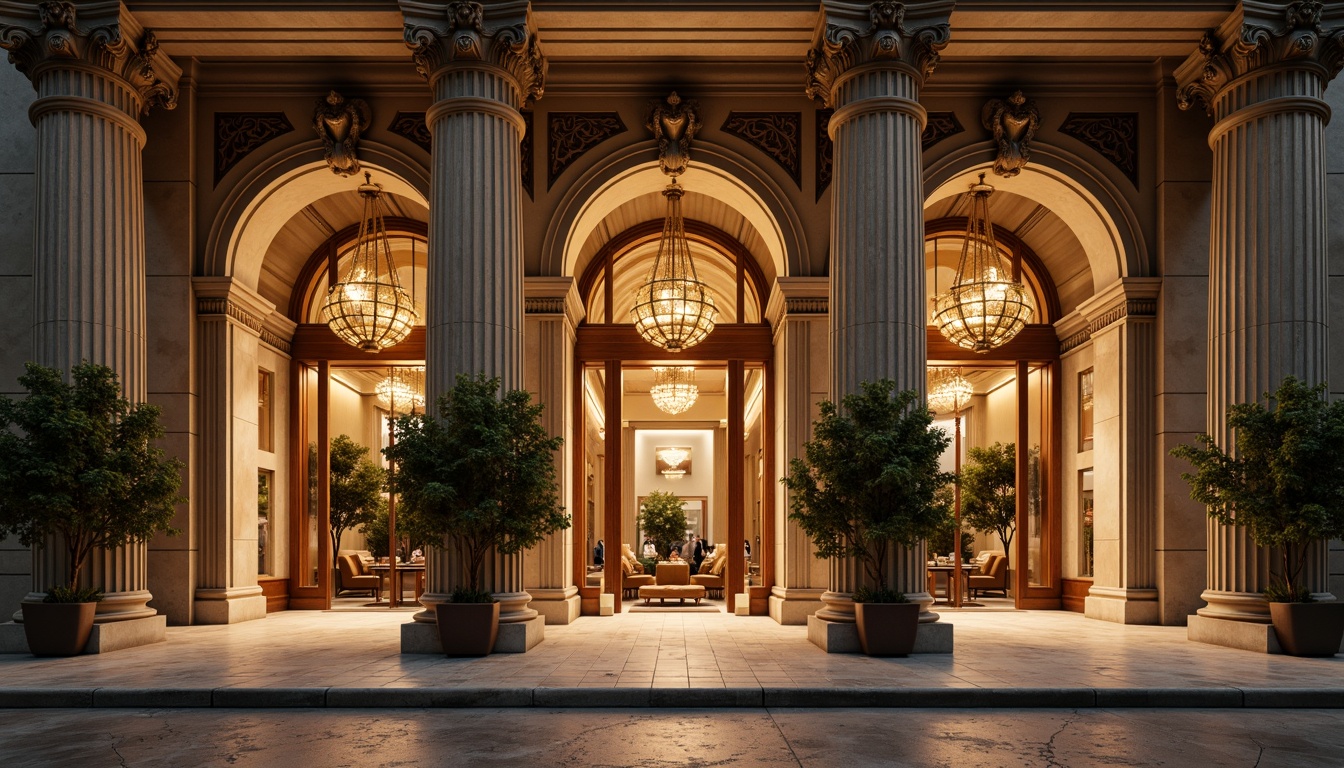 Prompt: Grandiose bank facade, ornate columns, intricately carved stonework, sweeping arches, rusticated base, imposing entrance, polished marble floors, lavish chandeliers, gilded accents, rich wood paneling, classical pilasters, symmetrical composition, warm golden lighting, subtle shadows, detailed textures, realistic reflections, 1/2 composition, atmospheric perspective.