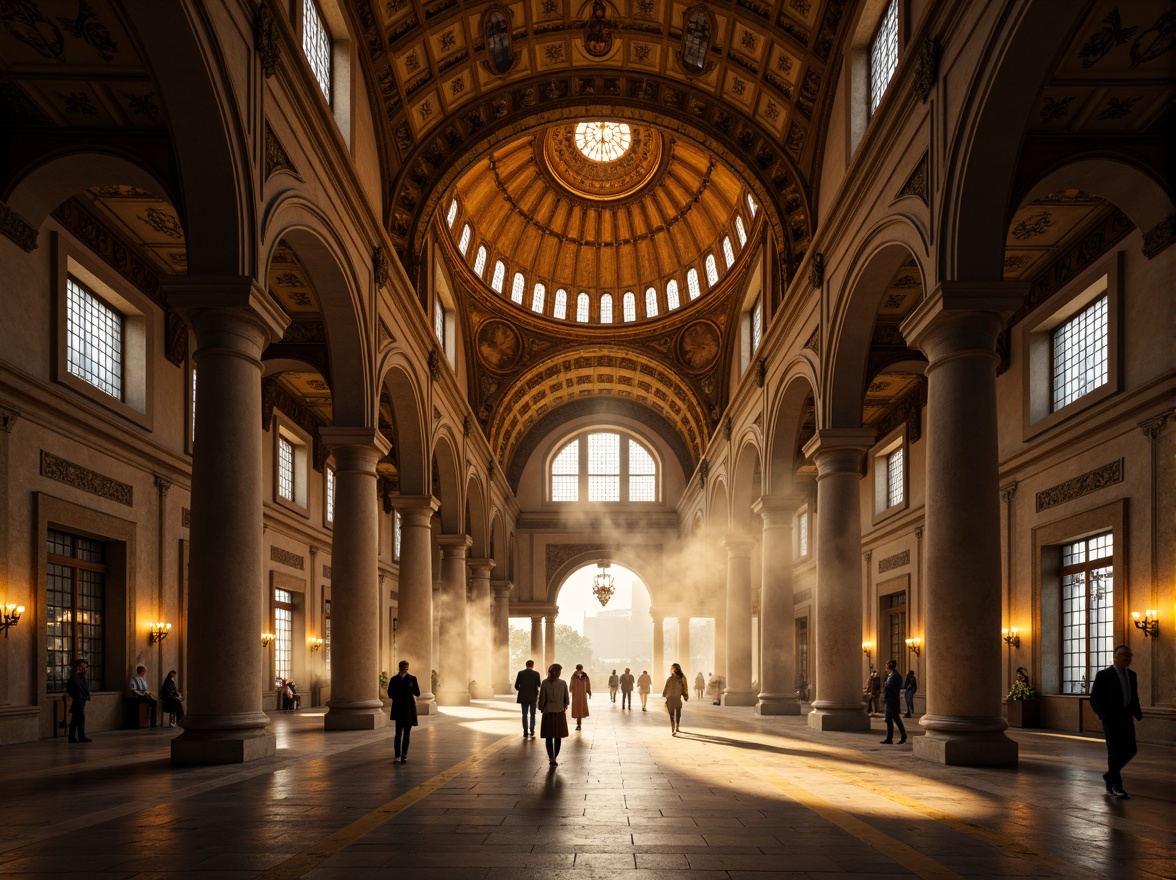 Prompt: Intricate archways, ornate columns, grand entranceways, vaulted ceilings, richly decorated domes, Byzantine-inspired architecture, warm golden lighting, soft shadows, high-contrast textures, detailed stone carvings, majestic interior spaces, atmospheric fog effects, cinematic composition, low-angle shot, dramatic focal length.