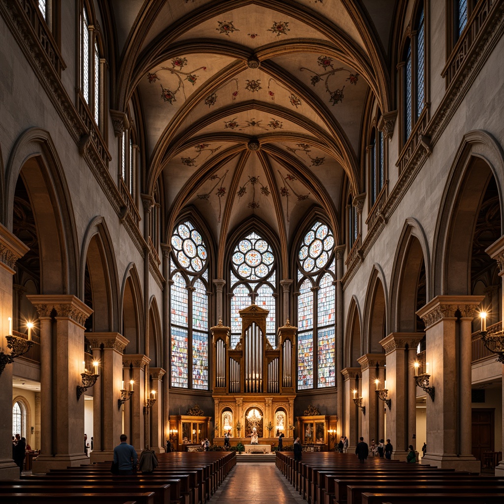 Prompt: Intricate stone carvings, ornate Gothic arches, grandiose stained glass windows, majestic pipe organs, gilded altarpieces, intricate frescoes, vaulted ceilings, ribbed domes, Romanesque columns, ornamental capitals, polished marble floors, richly textured tapestries, dramatic spot lighting, warm golden tones, serene atmosphere, 1/2 composition, symmetrical framing, subtle depth of field, realistic reflections.