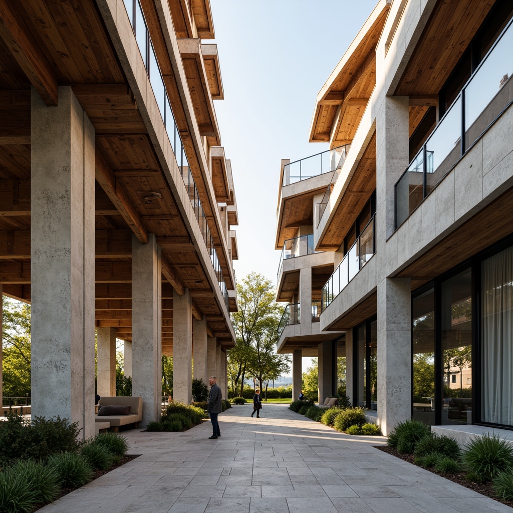 Prompt: Rustic wooden beams, sturdy stone columns, reinforced steel frames, geometric concrete structures, cantilevered roofs, angular balconies, minimalist railings, sleek glass facades, modern curtain walls, asymmetrical compositions, bold architectural lines, natural light filtering, ambient shading, 3/4 camera angle, shallow depth of field, realistic material textures, soft warm lighting, serene atmosphere.