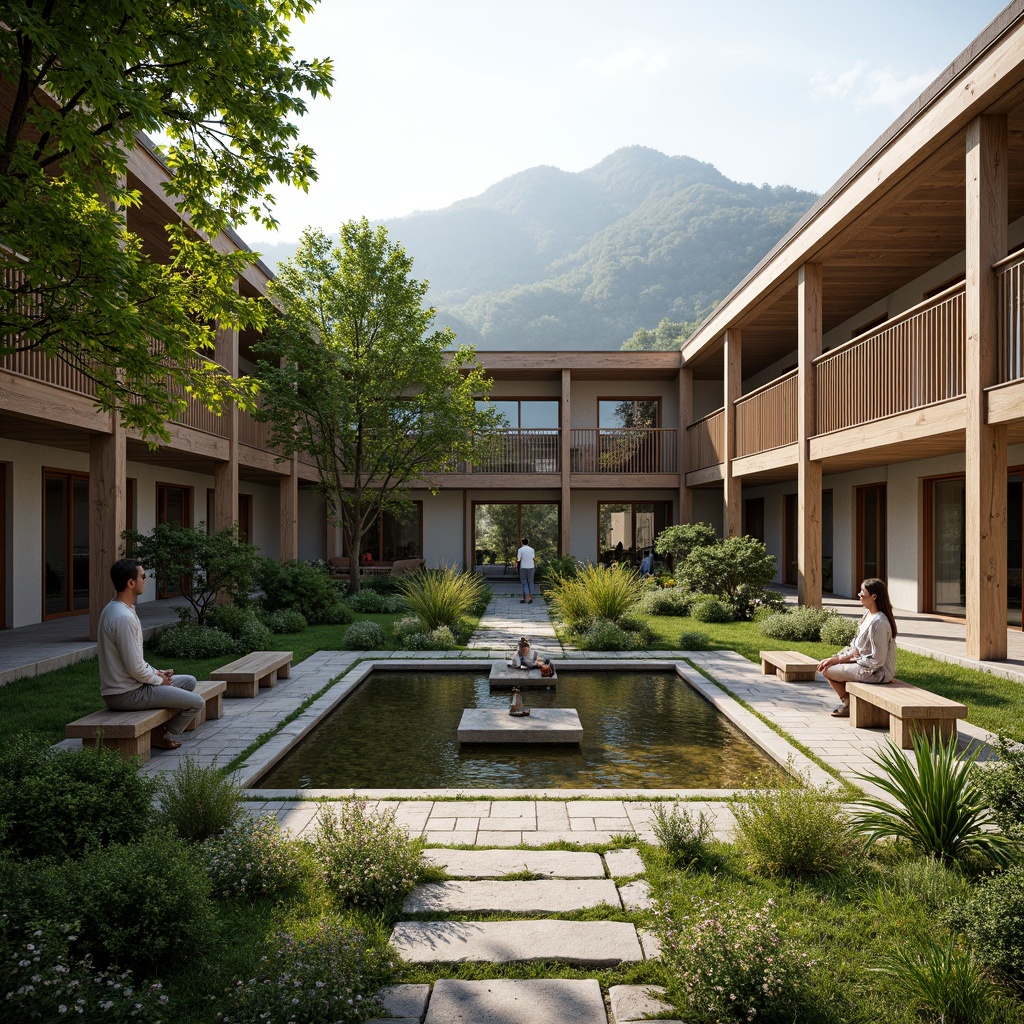 Prompt: Serene monastery courtyard, lush greenery, peaceful water features, natural stone walkways, wooden benches, spiritual statues, calm atmosphere, minimalist architecture, simple clean lines, earthy tone colors, sustainable building materials, eco-friendly design, abundant natural light, soft warm lighting, shallow depth of field, 3/4 composition, panoramic view, realistic textures, ambient occlusion, rolling hills, surrounding mountains, misty morning, gentle fog, rustic pathways, wildflower meadows.