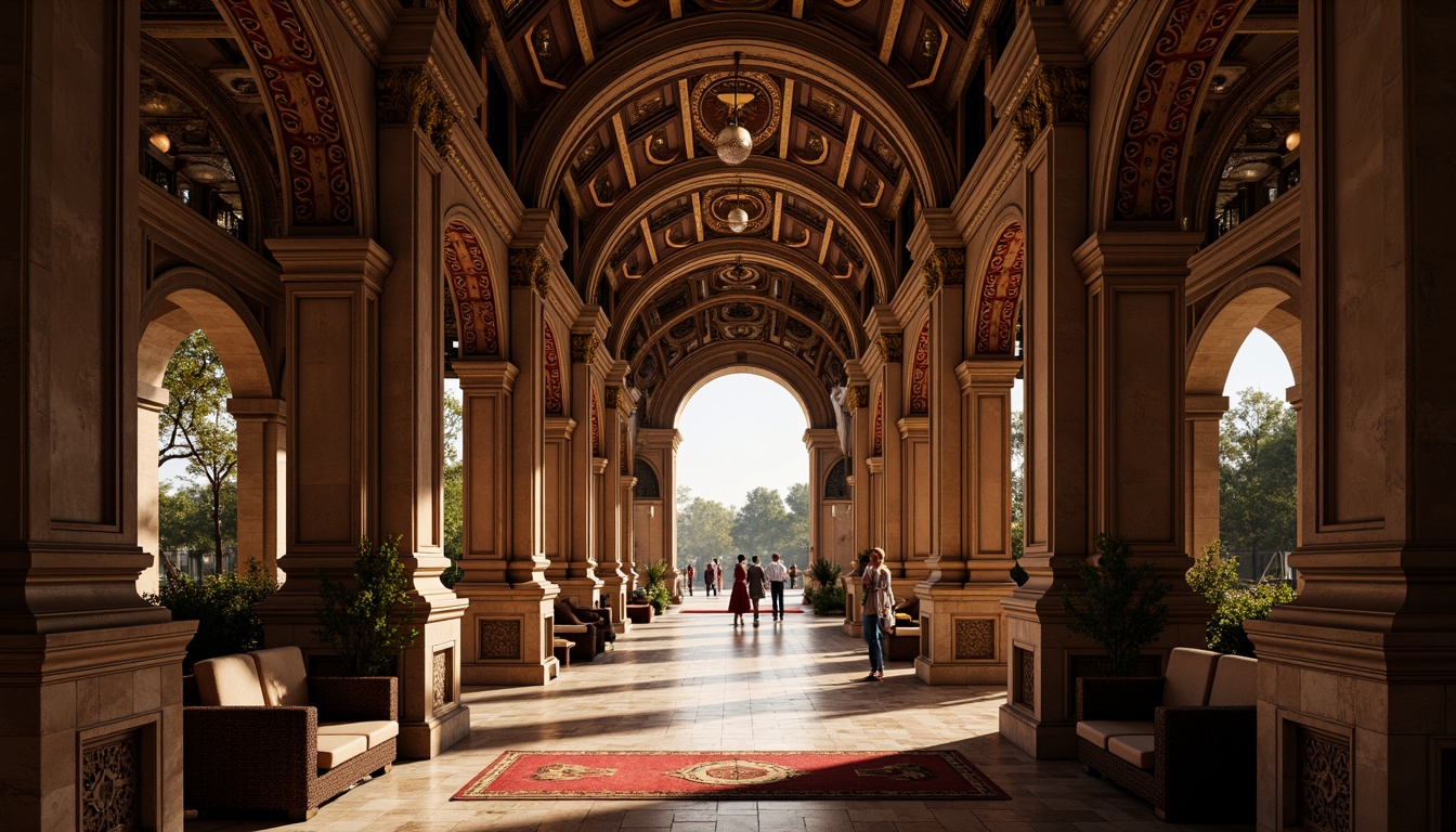 Prompt: Intricate ornamental arches, grand entranceways, majestic columns, ornate carvings, luxurious gold accents, lavish decorations, opulent fabrics, rich jewel tones, warm ambient lighting, dramatic shadows, cinematic composition, shallow depth of field, 1/1 aspect ratio, symmetrical framing.