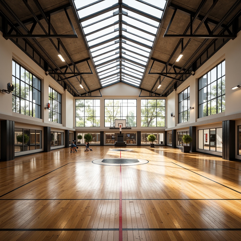 Prompt: Vibrant gymnasium interior, large windows, natural light pouring in, polished wooden floors, athletic equipment, basketball hoops, volleyball nets, exercise machines, mirrored walls, modern industrial architecture, exposed ductwork, sleek metal beams, high ceilings, clerestory windows, soft warm lighting, 1/1 composition, shallow depth of field, realistic textures, ambient occlusion.