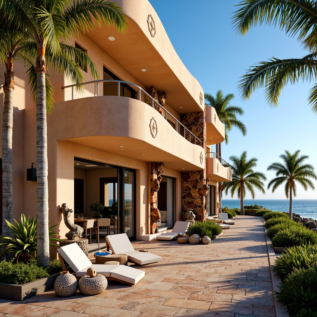 Prompt: Vibrant oceanfront facade, eclectic architectural style, curved lines, ornate decorations, Mediterranean-inspired colors, stucco walls, wooden accents, large windows, sliding glass doors, balcony with metal railings, nautical-themed decor, driftwood sculptures, seaside-inspired textiles, colorful ceramics, intricate mosaics, tropical plants, palm trees, coastal pathway, sunny day, warm golden lighting, shallow depth of field, 1/2 composition, realistic textures, ambient occlusion.