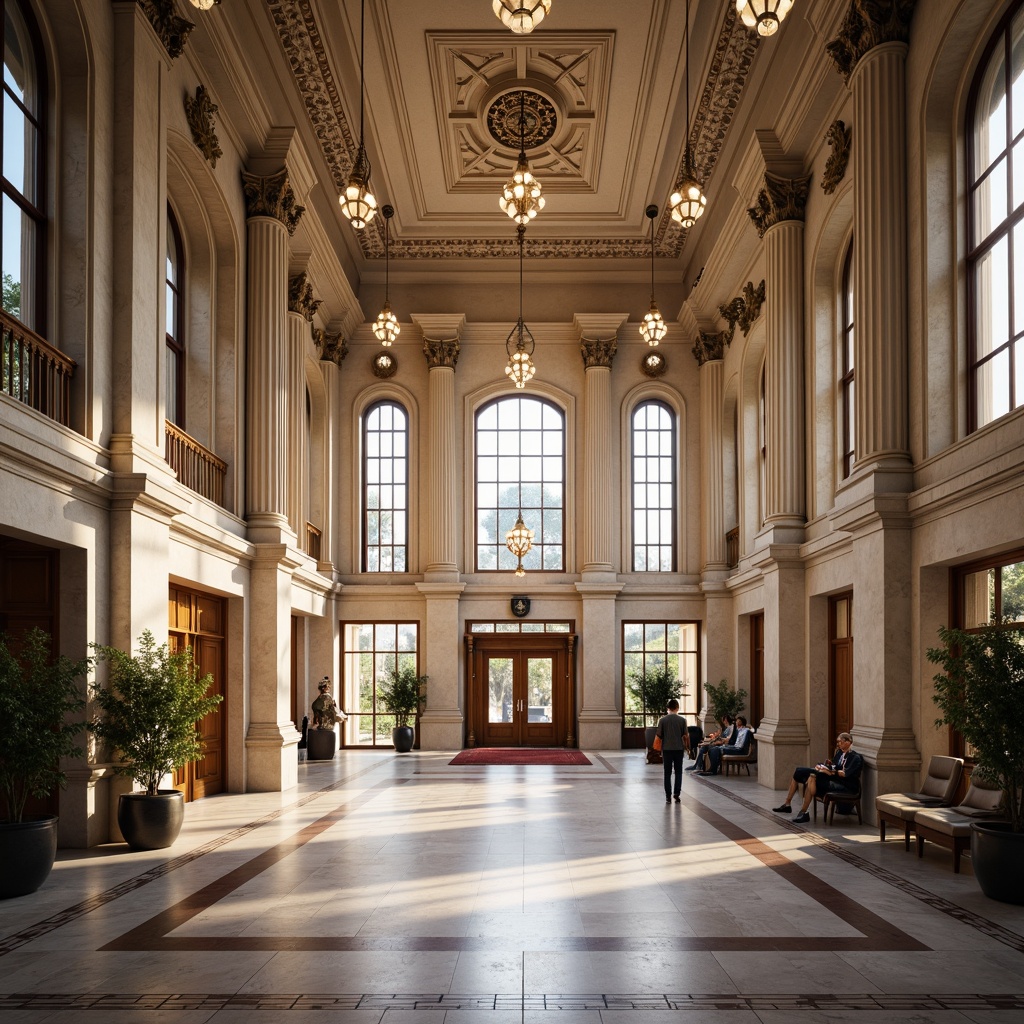 Prompt: Grand neoclassical banking hall, symmetrical facade, Corinthian columns, ornate details, marble floors, high ceilings, chandeliers, stately atmosphere, formal business setting, natural light pouring in, large windows, classical pediments, rusticated base, thermal stones, subtle arches, refined moldings, elegant lines, balanced composition, central axis, radial symmetry, imposing entrance, bronze doors, solemn tone, soft warm lighting, shallow depth of field, 1/2 composition, realistic textures.