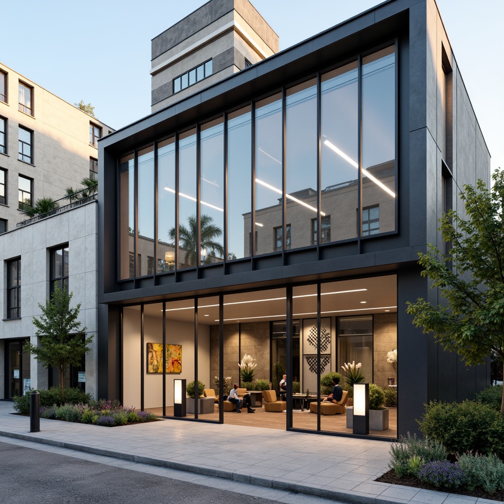 Prompt: Clean minimalistic fitness club facade, rectangular shapes, neutral color palette, large floor-to-ceiling windows, metal frames, urban cityscape background, morning sunlight, soft natural lighting, shallow depth of field, 1/1 composition, realistic materials, ambient occlusion, industrial-style entrance doors, sleek handrails, modern LED signage, geometric patterned flooring, polished concrete walls, sparse greenery, abstract artwork installations.