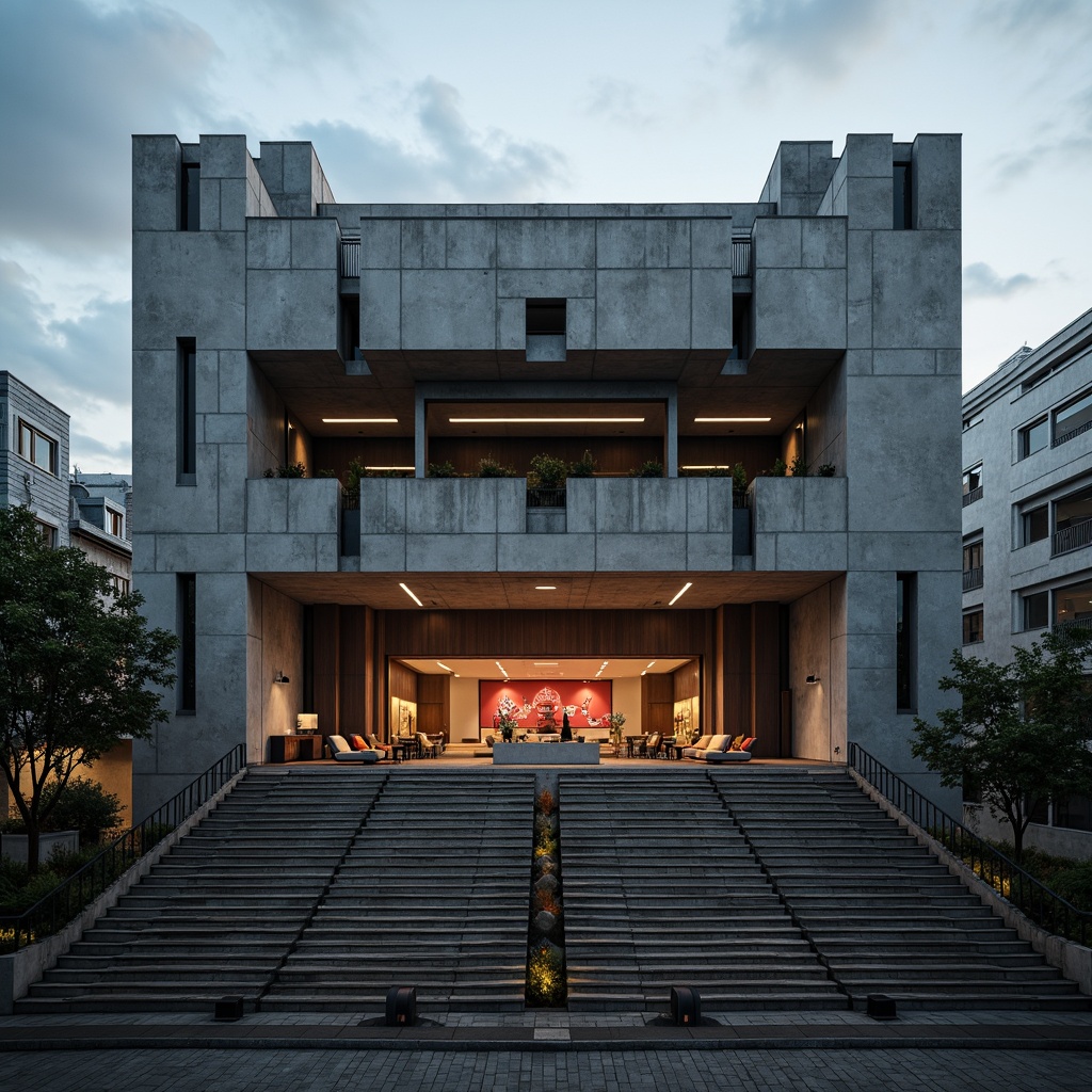 Prompt: Rugged concrete facade, brutalist architecture, industrial materials, exposed ductwork, raw finishes, dramatic lighting, angular forms, fortress-like structure, grand auditorium, tiered seating, minimalist decor, bold color scheme, urban context, cityscape views, cloudy day, softbox lighting, high contrast ratio, 1/2 composition, cinematic framing, realistic textures, ambient occlusion.