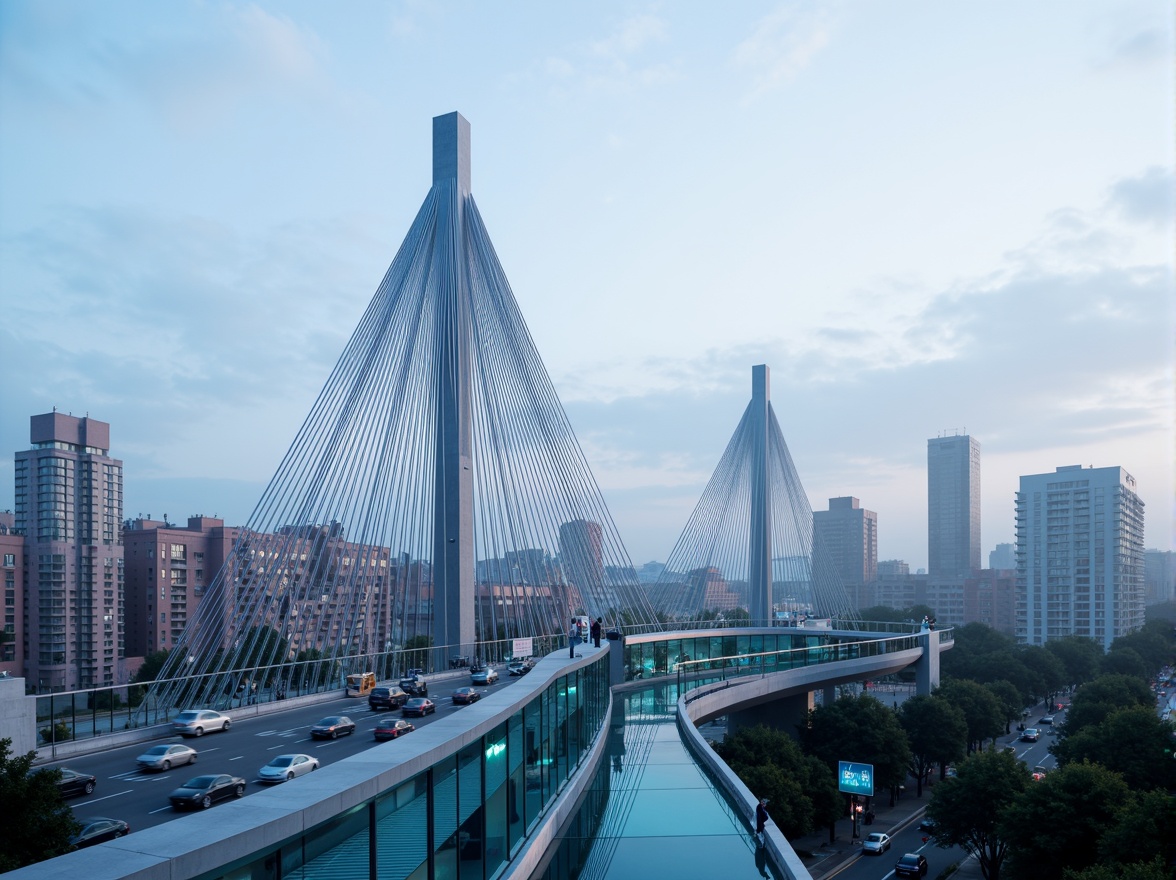 Prompt: Futuristic suspension bridge, sleek metallic cables, angular pylons, dynamic lighting systems, neon blue accents, misty morning atmosphere, urban cityscape background, modern skyscrapers, busy highway traffic, pedestrian walkways, stainless steel railings, glass floors, minimalist design, innovative engineering solutions, cantilevered sections, asymmetrical shapes, 3/4 composition, low-angle shot, dramatic shadows, realistic reflections, ambient occlusion.