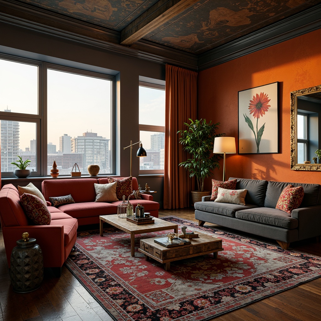 Prompt: Eclectic living room, bold color blocking, playful textures, abstract artwork, asymmetrical furniture, statement lighting fixtures, ornate mirrors, distressed wood accents, luxurious velvet fabrics, geometric patterned rugs, eclectic vintage decor, avant-garde sculptures, dramatic floor-to-ceiling drapes, oversized windows, urban cityscape views, warm golden hour lighting, shallow depth of field, 1/1 composition, cinematic mood, intricate architectural details.