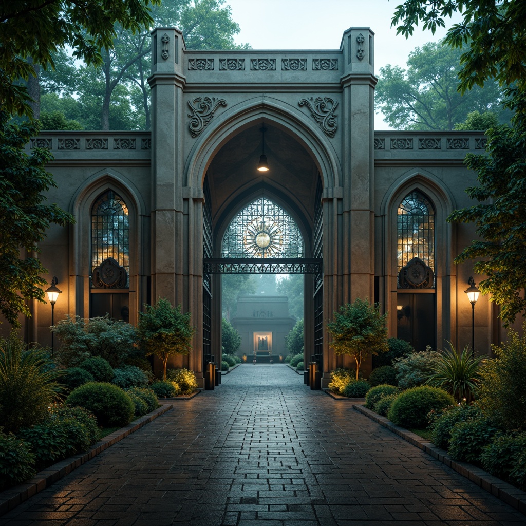 Prompt: Intricate stone carvings, grandiose entrance gates, mysterious Gothic arches, majestic zoo enclosures, lush greenery surroundings, exotic animal habitats, ornate ironwork details, mystical stained glass windows, dramatic spot lighting, eerie fog effects, cinematic composition, high contrast ratio, rich textures, ambient occlusion, 3/4 perspective, symmetrical framing, atmospheric misting.