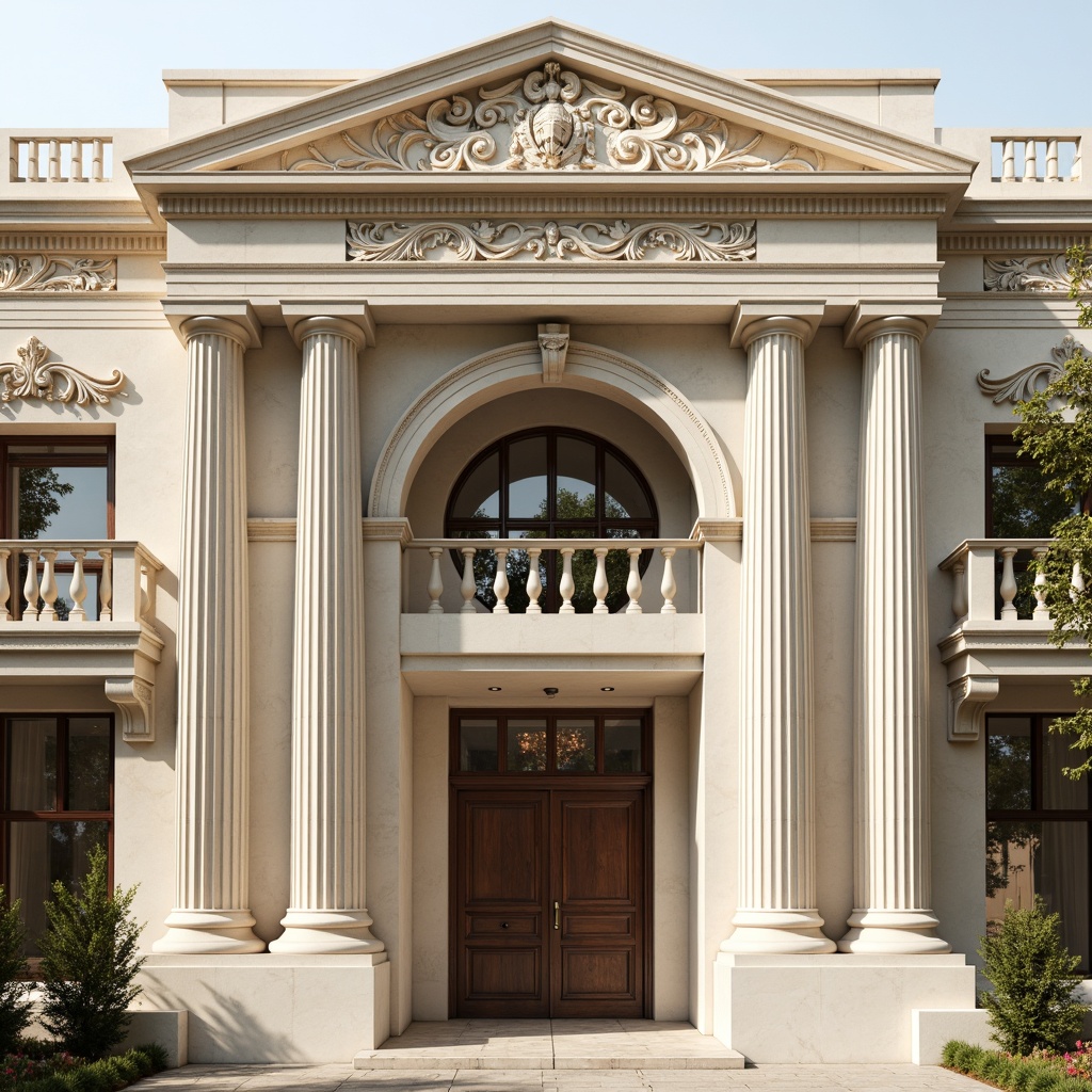 Prompt: Grandiose neoclassical facade, ornate architraves, fluted columns, carved stone details, symmetrical composition, rusticated base, ionic capitals, decorative frieze, dentil molding, curved lines, classical proportions, creamy white marble, subtle warm lighting, shallow depth of field, 1/2 composition, realistic textures, ambient occlusion.