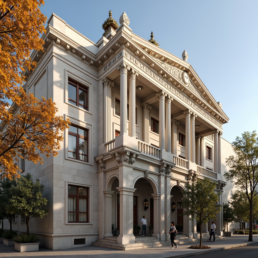 Prompt: Ornate neoclassical building, grand entrance, imposing columns, intricate carvings, ornamental details, symmetrical facade, limestone walls, decorative cornices, arched windows, classical pilasters, elegant balustrades, refined moldings, subtle color palette, natural stone textures, warm sunny day, soft diffused lighting, shallow depth of field, 1/2 composition, realistic render, ambient occlusion.Let me know if this meets your requirements!