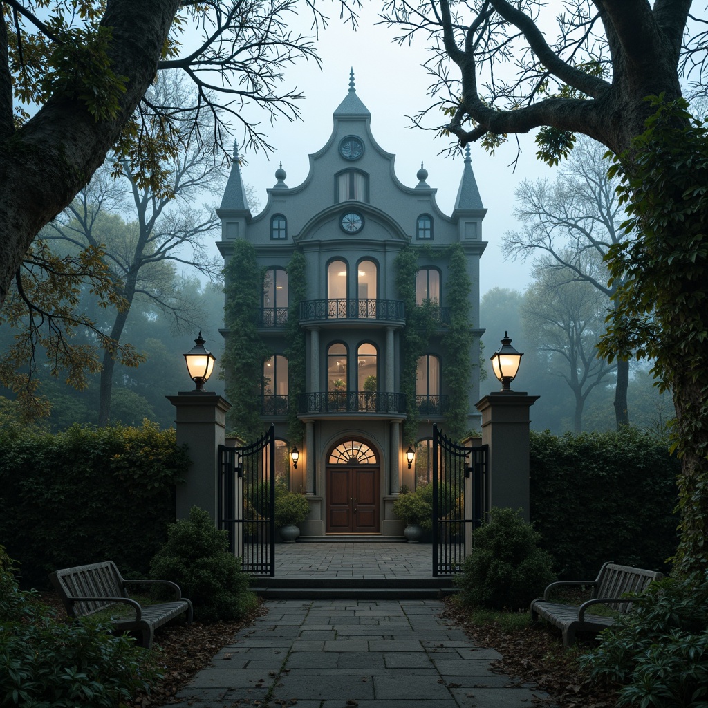 Prompt: Mysterious Gothic-style office building, overgrown ivy, twisted vines, moss-covered stone walls, ornate iron gates, lantern-style streetlights, foggy misty morning, soft eerie lighting, shallow depth of field, 1/1 composition, symmetrical framing, dramatic shadows, ancient trees, gnarled branches, weathered stone benches, mystical atmosphere, eerie silence, subtle misting effect.