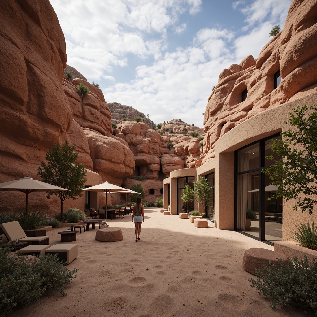 Prompt: Rugged canyon landscape, rocky formations, sandy terrain, dramatic skies, vast open spaces, organic facade design, earthy tone buildings, natural stone cladding, wooden accents, rustic metal details, curved lines, minimalist ornamentation, large windows, sliding glass doors, shaded outdoor areas, misting systems, desert-inspired color palette, warm ambient lighting, soft focus photography, 3/4 composition, atmospheric perspective.