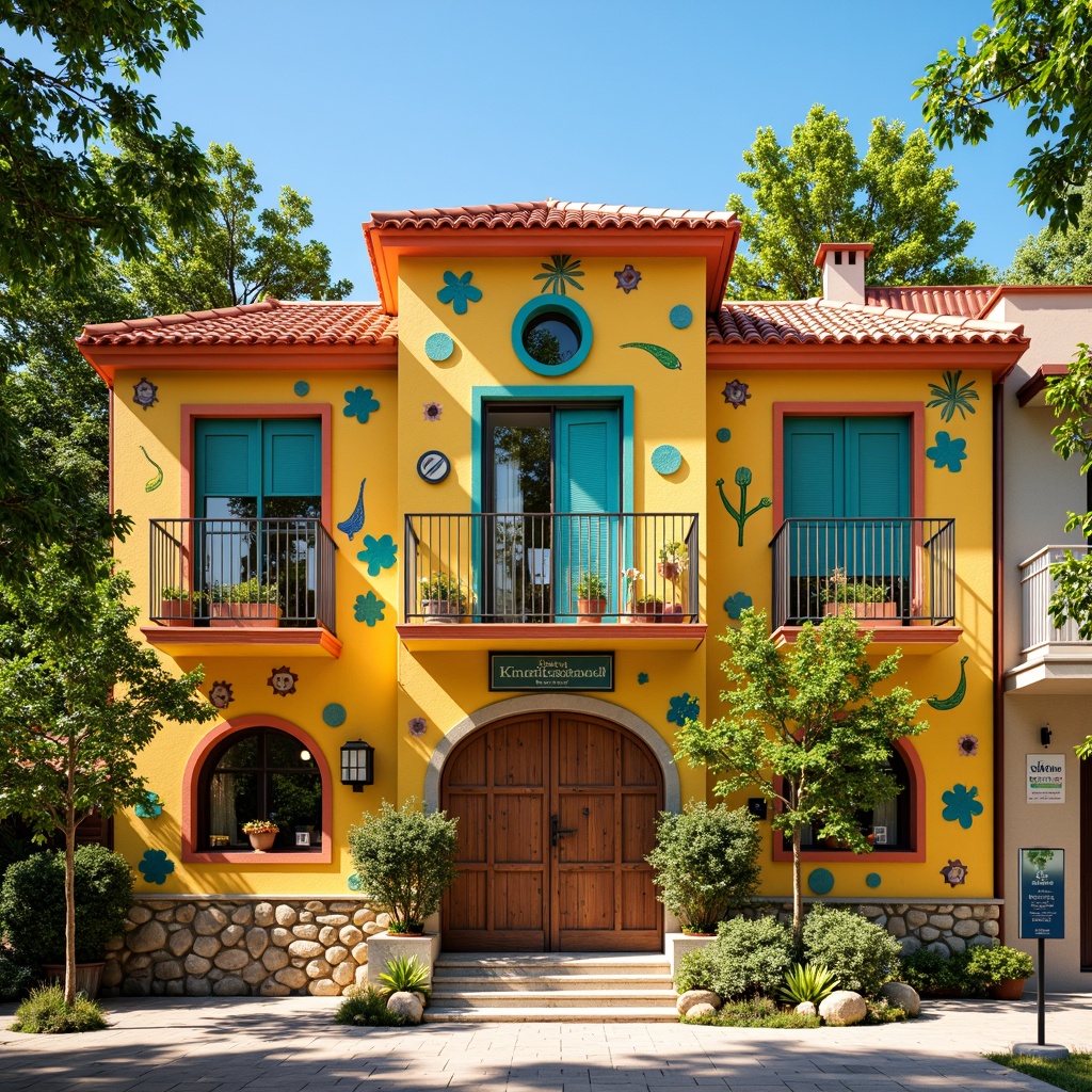 Prompt: Vibrant kindergarten facade, eclectic mix of colors, playful patterns, irregular shapes, whimsical decorations, bright yellow walls, turquoise accents, red roof tiles, greenery-filled balconies, wooden shutters, ornate metal railings, circular windows, arched doors, asymmetrical composition, rustic stone foundation, colorful ceramic tiles, lively murals, educational signage, sunny day, soft warm lighting, shallow depth of field, 3/4 composition, panoramic view, realistic textures, ambient occlusion.