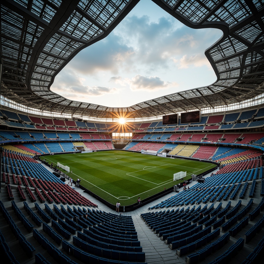 Prompt: Undulating soccer stadium, curvaceous blobs, fluid architecture, metallic latticework, iridescent colors, glowing LED lights, dynamic seating areas, grassy turf, aerial views, dramatic shading, high-contrast lighting, 1-point perspective, sweeping curves, futuristic ambiance, urban landscape, cloudy sky, warm sunset, soft focus, shallow depth of field, cinematic composition.