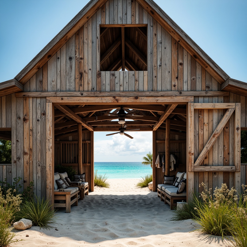 Prompt: Weathered wooden barn, rustic beachside setting, open spaces, natural ventilation, reclaimed wood accents, driftwood decorations, nautical ropes, ocean-inspired color palette, sandy dunes, sea grass, calming turquoise waters, clear blue sky, warm sunny day, soft golden lighting, shallow depth of field, 1/2 composition, symmetrical framing, realistic textures, ambient occlusion, serene atmosphere.