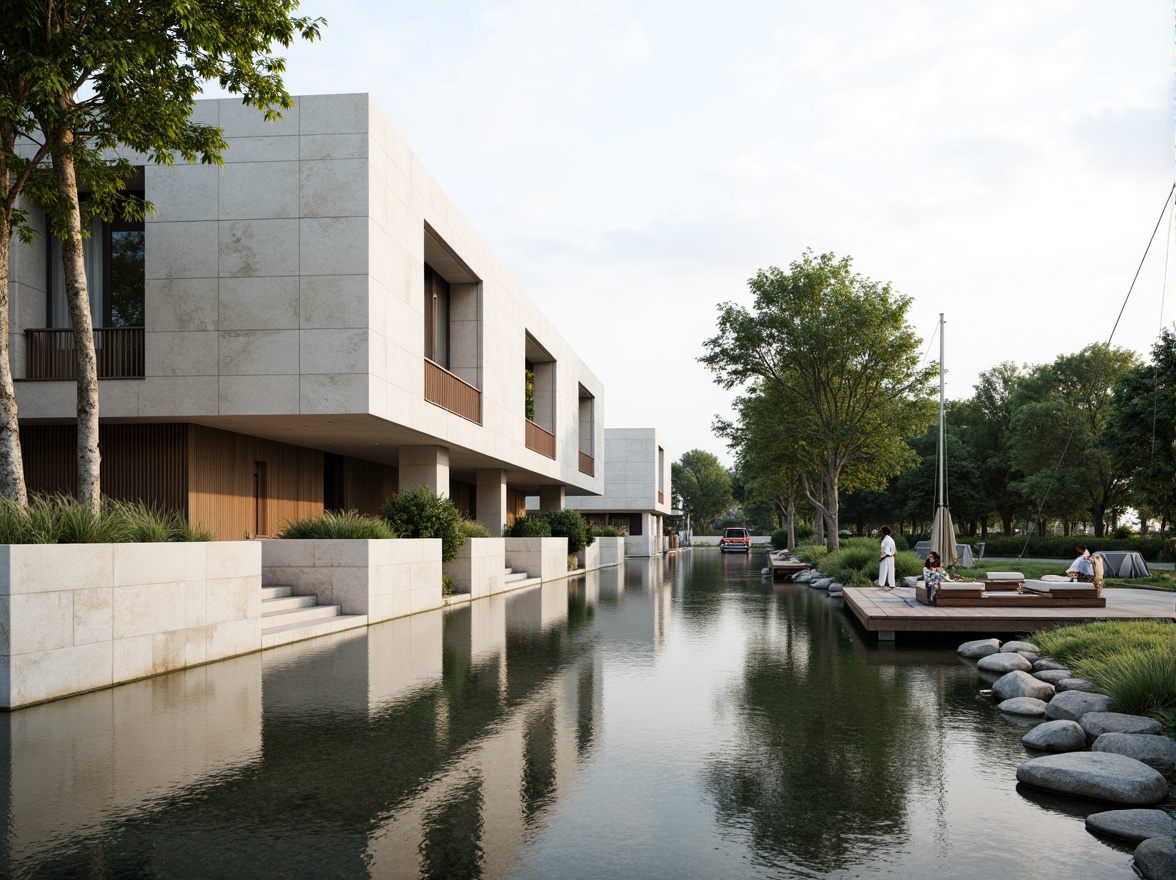 Prompt: Sleek riverbank fa\u00e7ade, minimalist limestone walls, clean lines, neutral tones, subtle textures, reflective water surfaces, serene natural surroundings, lush greenery, mature trees, wooden docks, sailboats, calm atmosphere, soft diffused lighting, 1/1 composition, symmetrical framing, realistic stone materials, ambient occlusion.Please let me know if this meets your requirements!