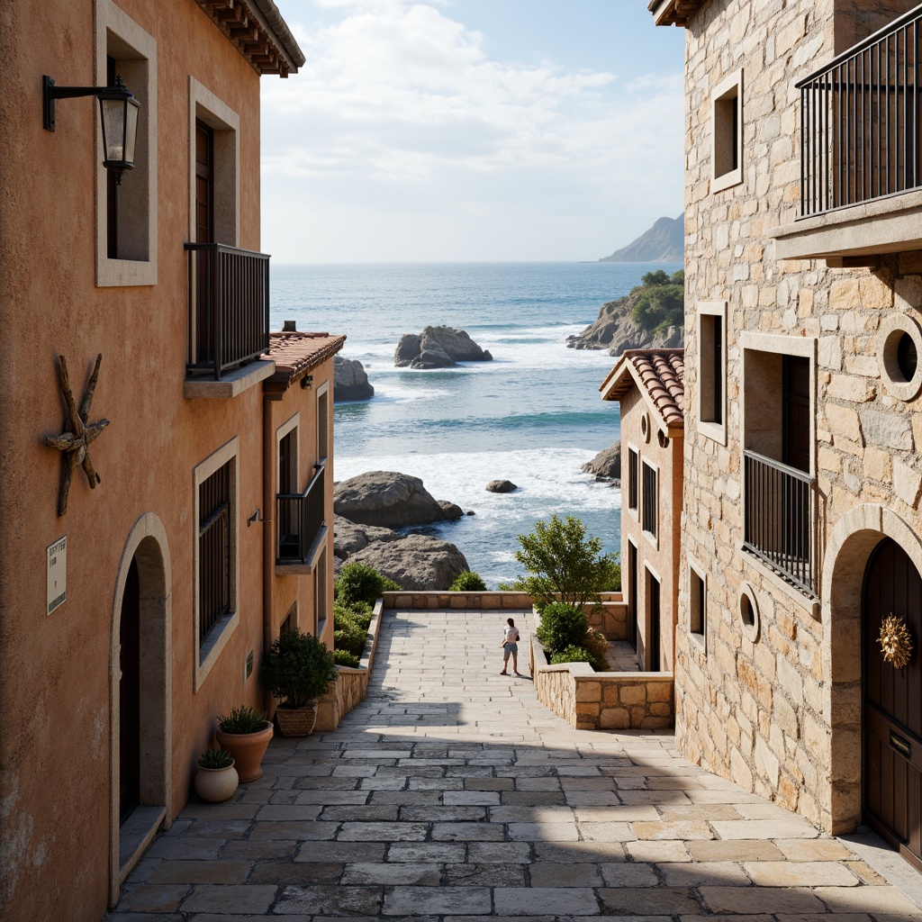 Prompt: Weathered coastal walls, rustic stone masonry, seaside promenade, oceanfront scenery, crashing waves, salty air, beachside buildings, nautical-inspired architecture, distressed wood accents, coral-colored stucco, ornate ironwork, arched windows, textured stone facades, curved lines, natural light, warm beige tones, driftwood decorations, porthole windows, shell-adorned railings, ocean-breeze ventilation, 3/4 composition, soft focus, realistic textures.