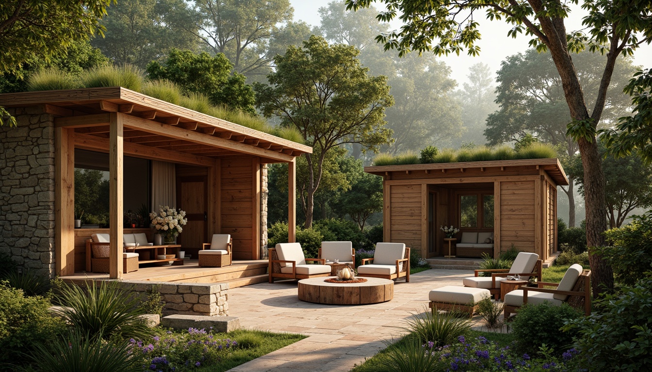 Prompt: Rustic wooden cabins, natural stone walls, earthy color palette, organic textures, woven bamboo furniture, reclaimed wood accents, living green roofs, lush vegetation, serene forest surroundings, warm sunlight filtering through trees, soft misty atmosphere, 1/1 composition, shallow depth of field, realistic rendering, ambient occlusion.