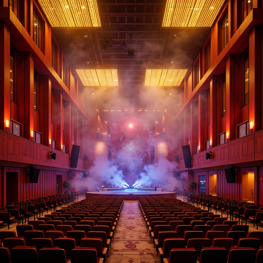 Prompt: Vibrant auditorium interior, rich wood tones, warm golden lighting, bold red accents, dynamic sound waves, abstract geometric patterns, textured fabric seats, polished metal railings, dramatic ceiling design, suspended lighting fixtures, atmospheric fog effects, cinematic color grading, high-contrast ratios, deep blues and purples, energetic orange hues, stimulating green tones, harmonious beige neutrals, futuristic LED installations, immersive audiovisual experiences, 180-degree panoramic views, low-angle photography, cinematic composition.