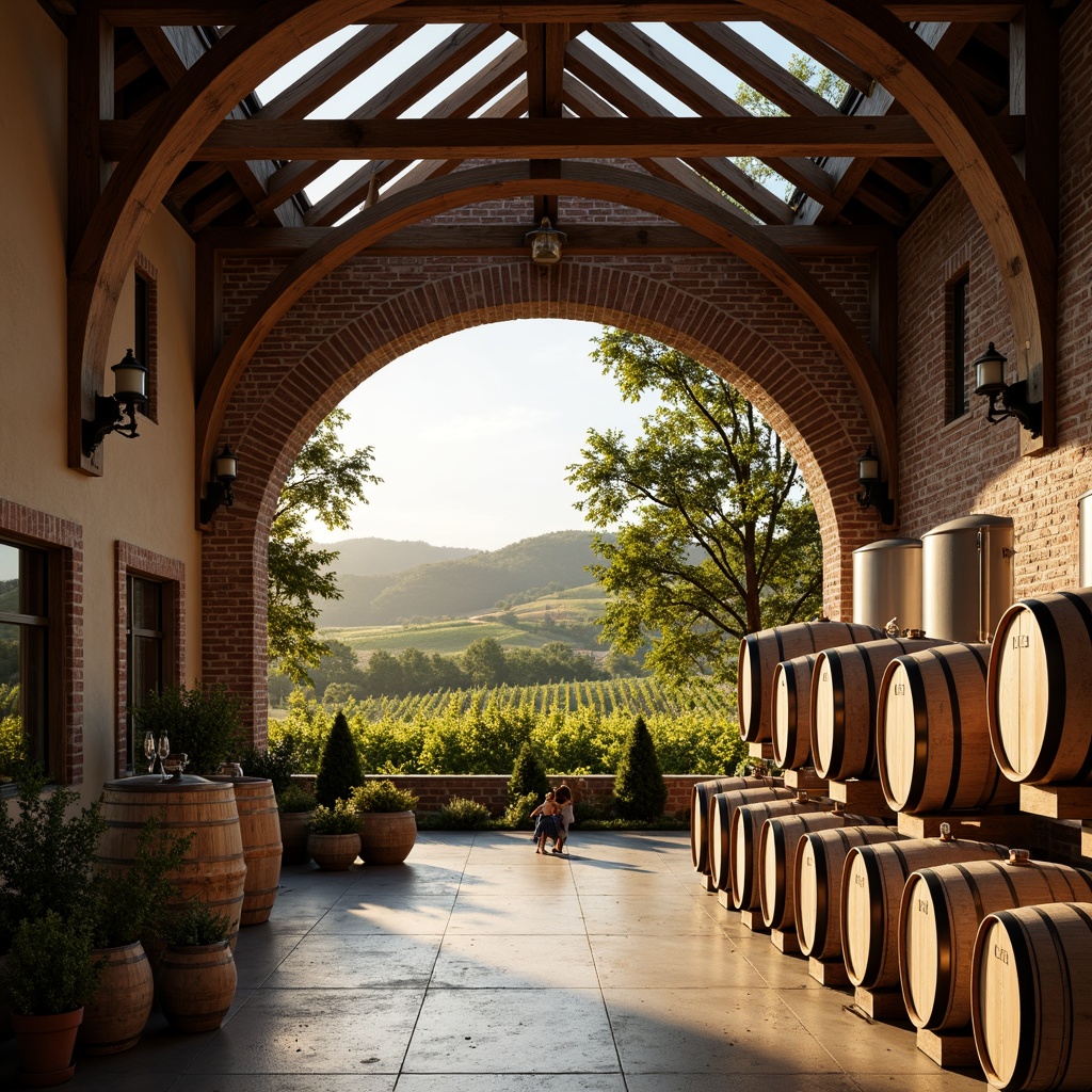 Prompt: Rustic winery, wooden barrel racks, stone walls, brick arches, oak wood accents, metal fermentation tanks, glass ceiling, natural light pouring in, vineyard views, rolling hills, lush greenery, sunny afternoon, warm golden lighting, shallow depth of field, 1/1 composition, realistic textures, ambient occlusion.