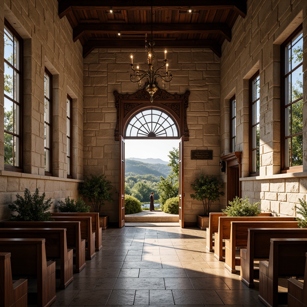 Prompt: Rustic stone walls, stained glass windows, grand entrance doors, ornate wooden pews, vaulted ceilings, intricate carvings, spiritual symbols, serene ambiance, soft warm lighting, shallow depth of field, 1/1 composition, panoramic view, realistic textures, ambient occlusion, rural landscape, rolling hills, lush greenery, blooming flowers, sunny day, peaceful atmosphere, traditional architecture, cultural heritage, historical significance.