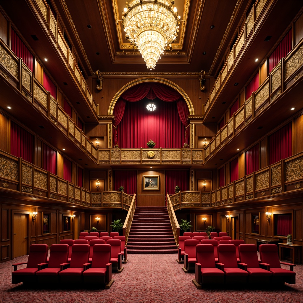 Prompt: Elegant cinema interior, rich wood paneling, plush red velvet seats, ornate golden details, sweeping staircase, grand chandelier, high ceilings, dramatic curtains, cinematic lighting, 3/4 composition, shallow depth of field, warm color palette, sophisticated textures, ambient occlusion, academic architectural style, neoclassical columns, arches, symmetrical layout, refined furniture, luxurious fabrics, subtle patterns, artistic sculptures.