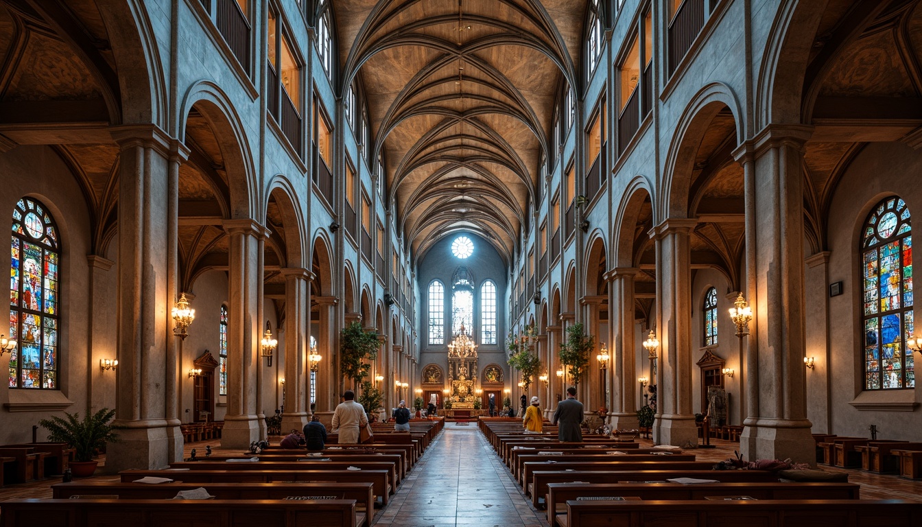 Prompt: \Grandiose Romanesque church, soaring vaulted ceilings, majestic rounded arches, ornate stone carvings, vibrant stained glass windows, intricate frescoes, polished marble floors, sacred altarpieces, solemn atmosphere, soft warm lighting, 1/2 composition, realistic textures, ambient occlusion.\Let me know if this meets your requirements!