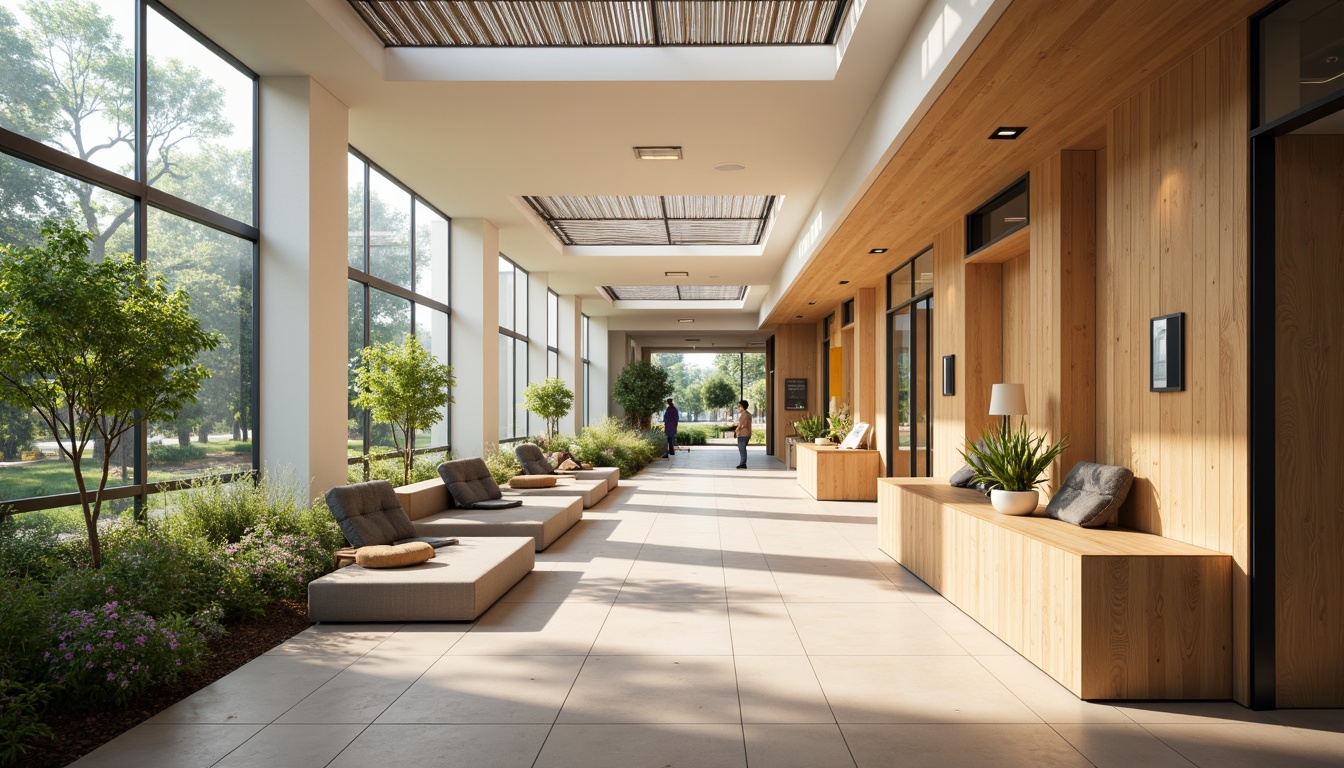 Prompt: \Soothing hospital corridor, warm natural light, clerestory windows, greenery-filled courtyards, calming color palette, comfortable seating areas, wooden flooring, acoustic ceiling panels, minimalist decor, soft diffused lighting, 1/1 composition, shallow depth of field, realistic textures, ambient occlusion, peaceful atmosphere, therapeutic ambiance.\