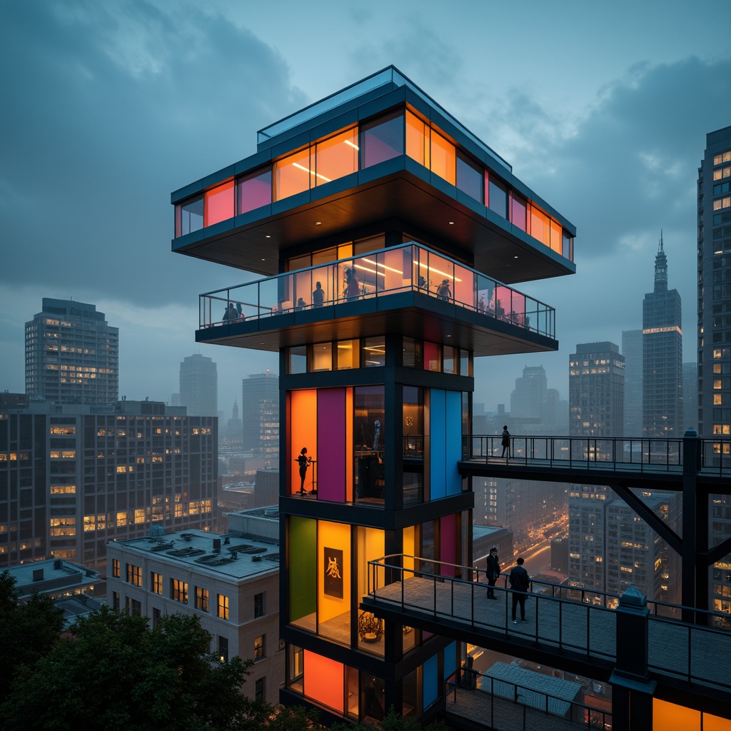 Prompt: Vibrant watchtower, bold color blocking, contrasting hues, geometric shapes, abstract patterns, modernist architecture, sleek metal accents, glass bridges, elevated viewpoints, panoramic cityscape, warm golden lighting, dramatic shadows, high contrast ratio, cinematic composition, atmospheric mist, eerie ambiance, mysterious nighttime setting.