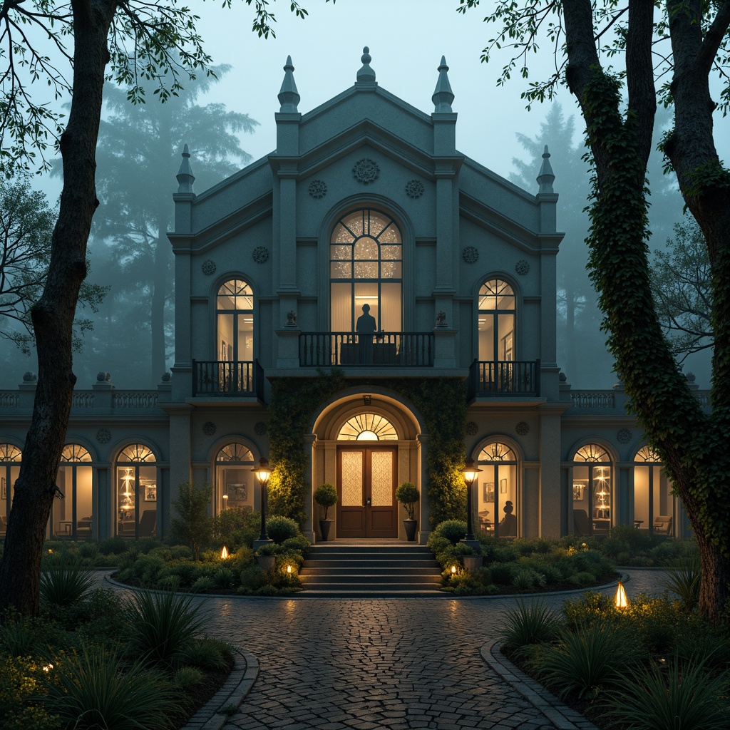 Prompt: Mysterious Gothic-style office building, ornate stone carvings, grand entrance archways, overgrown ivy, moss-covered statues, misty foggy mornings, lantern-lit walkways, curved cobblestone paths, ancient trees, twisted branches, eerie atmospheric lighting, warm golden spotlights, shallow depth of field, 1/2 composition, symmetrical framing, mystical ambiance, eerie soundscape.