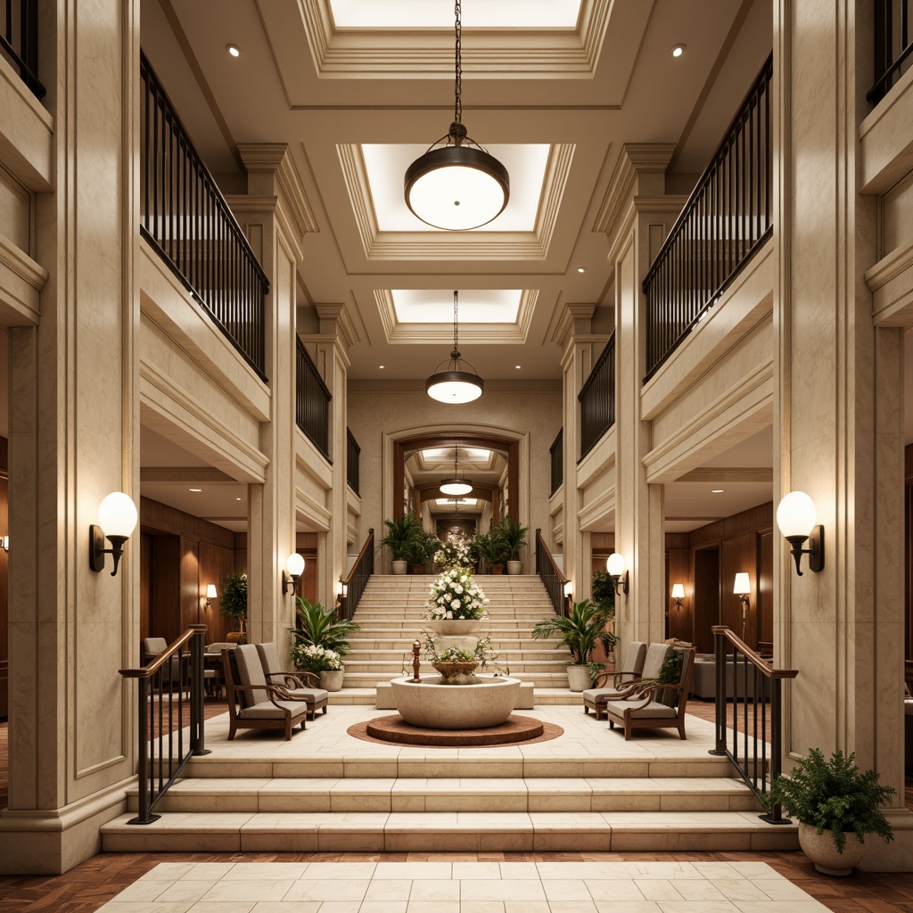 Prompt: Elegant banking hall, neoclassical columns, ornate moldings, luxurious marble floors, grand staircases, rich wood paneling, sophisticated chandeliers, neutral beige tones, earthy brown hues, creamy white accents, subtle gold leaf details, soft warm lighting, high ceilings, symmetrical composition, realistic textures, ambient occlusion.