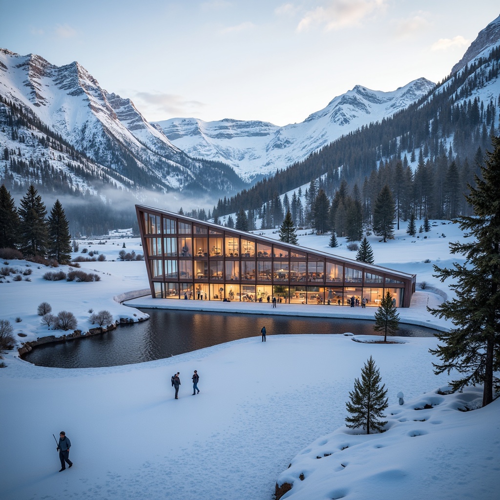 Prompt: Snow-capped mountains, frosty air, sleek modern ski center, transparent glass fa\u00e7ade, minimalist design, angular lines, cantilevered roofs, snow-covered slopes, pine trees, frozen lakes, morning mist, warm sunlight, soft focus, shallow depth of field, 3/4 composition, panoramic view, realistic textures, ambient occlusion, wooden accents, cozy interior spaces, comfortable seating areas, warm lighting, stone fireplaces, ski equipment displays, interactive exhibits, educational signs, sustainable energy solutions, green roofs, eco-friendly materials.