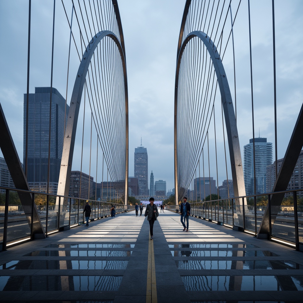 Prompt: Futuristic bridge design, sleek metal arches, suspension cables, bold asymmetrical shapes, vibrant LED lighting, dynamic movement patterns, experimental architecture, innovative materials, translucent glass floors, cantilevered walkways, abstract geometric forms, urban cityscape, misty atmospheric effects, shallow depth of field, 1/1 composition, realistic metallic textures, ambient occlusion.