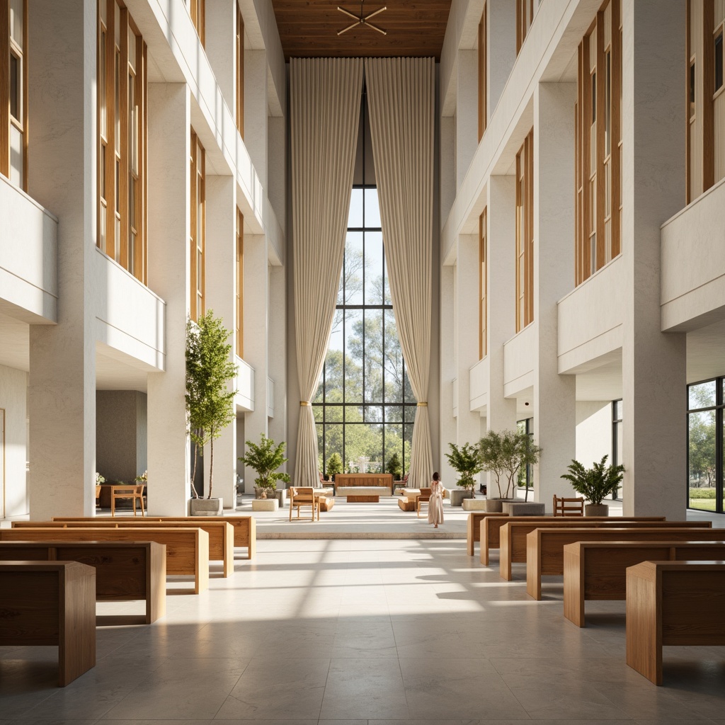 Prompt: Sleek modern church, minimalist interior, calming neutral tones, creamy whites, soft grays, warm beige, rich wood accents, subtle gold ornaments, stained glass windows, natural stone floors, abstract geometric patterns, ambient lighting, shallow depth of field, 1/1 composition, realistic textures, soft focus, serene atmosphere, peaceful ambiance.