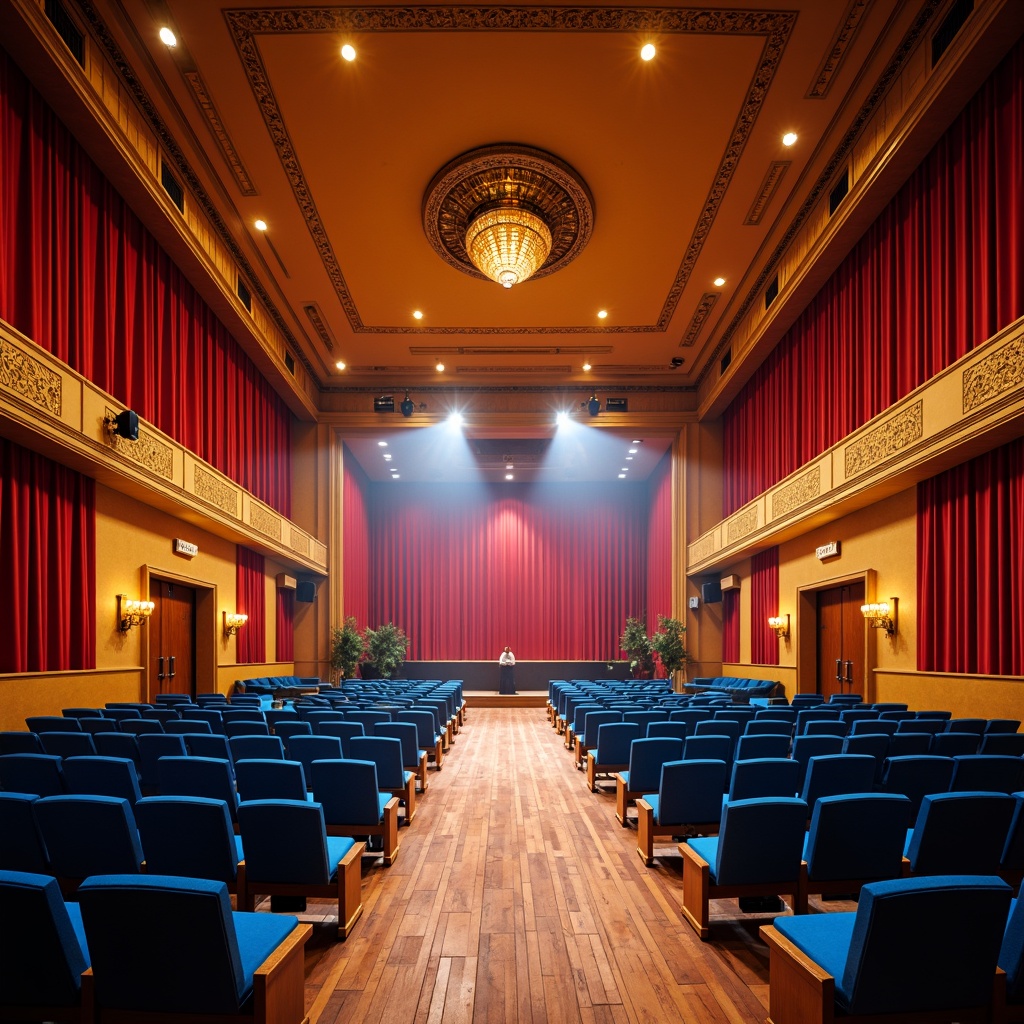 Prompt: Vibrant auditorium interior, rich velvet curtains, warm golden lighting, bold red accent walls, deep blue seats, contrasting color schemes, harmonious palette, dynamic stage lighting, dramatic spotlights, soft pastel hues, ornate architectural details, intricate patterns, luxurious textiles, opulent chandeliers, grand high ceilings, spacious open floor plan, symmetrical composition, 1/2 shot framing, cinematic wide-angle lens, atmospheric misting effects.