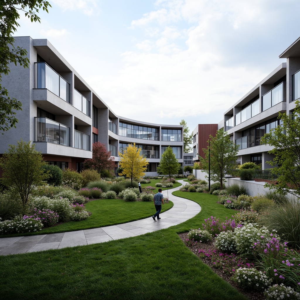 Prompt: Unified campus landscape, harmonious building integration, sleek modern architecture, curved lines, transparent glass facades, natural stone walls, lush greenery, vibrant flowers, winding pedestrian paths, subtle outdoor lighting, shallow depth of field, 3/4 composition, panoramic view, realistic textures, ambient occlusion.