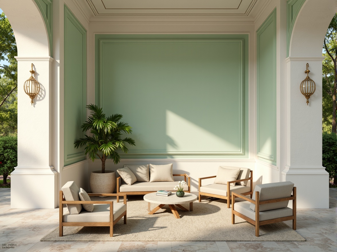 Prompt: Soft mint walls, creamy white columns, ornate gold accents, lush greenery, natural stone flooring, warm beige furniture, elegant curved lines, refined architectural details, subtle gradient effects, ambient soft lighting, shallow depth of field, 1/1 composition, realistic textures, ambient occlusion.