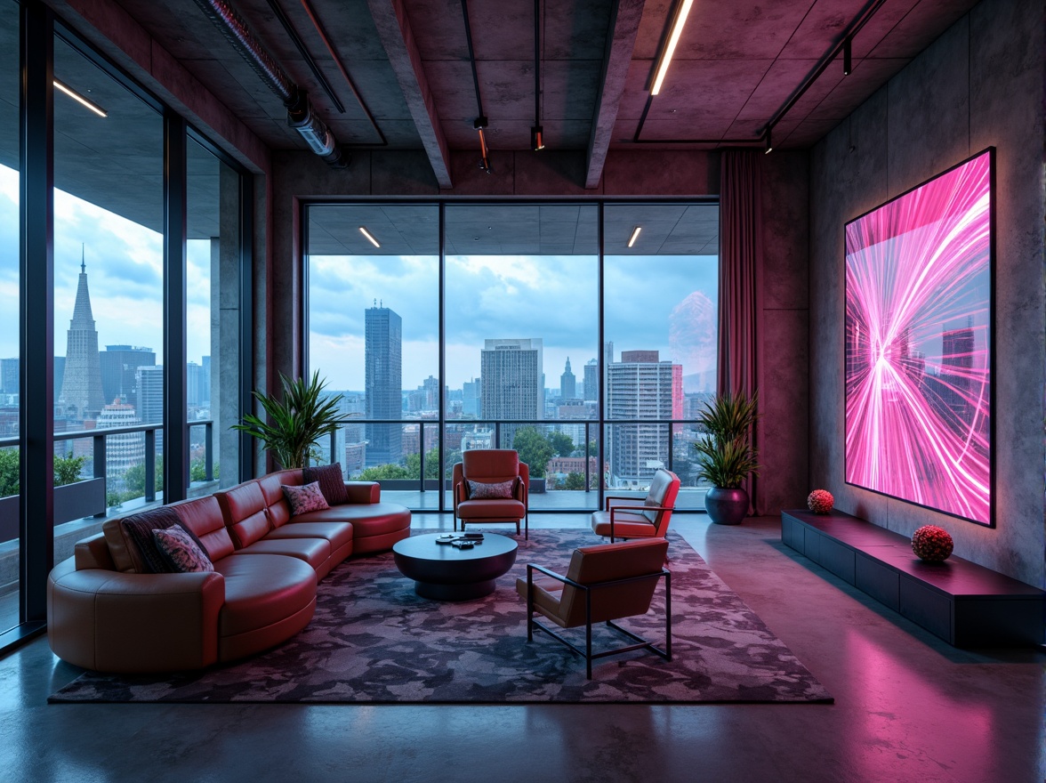 Prompt: Minimalist living room, futuristic furniture, sleek metal accents, neon lighting installations, floor-to-ceiling windows, urban cityscape views, concrete flooring, industrial-style decor, modern art pieces, curved lines, geometric shapes, holographic projections, ambient soft glow, shallow depth of field, 1/1 composition, realistic textures, high-rise apartment building, metropolitan skyscraper, cyberpunk-inspired colors, vibrant LED lights, interactive smart home systems.