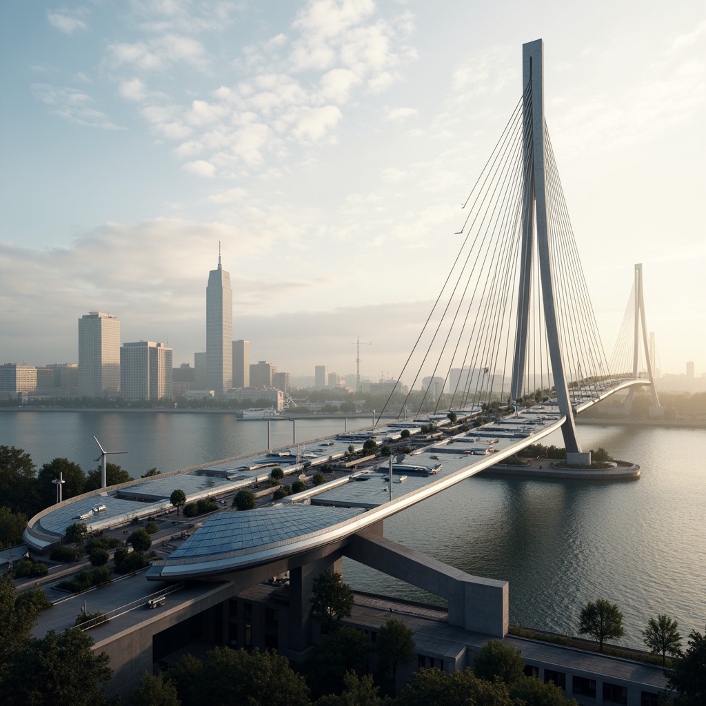 Prompt: Futuristic cable-stayed bridge, sleek metallic structure, LED lighting system, solar panels, wind turbines, kinetic energy harvesting, eco-friendly materials, minimalist design, curved lines, modern architecture, urban cityscape, misty morning atmosphere, soft warm lighting, shallow depth of field, 3/4 composition, panoramic view, realistic textures, ambient occlusion.